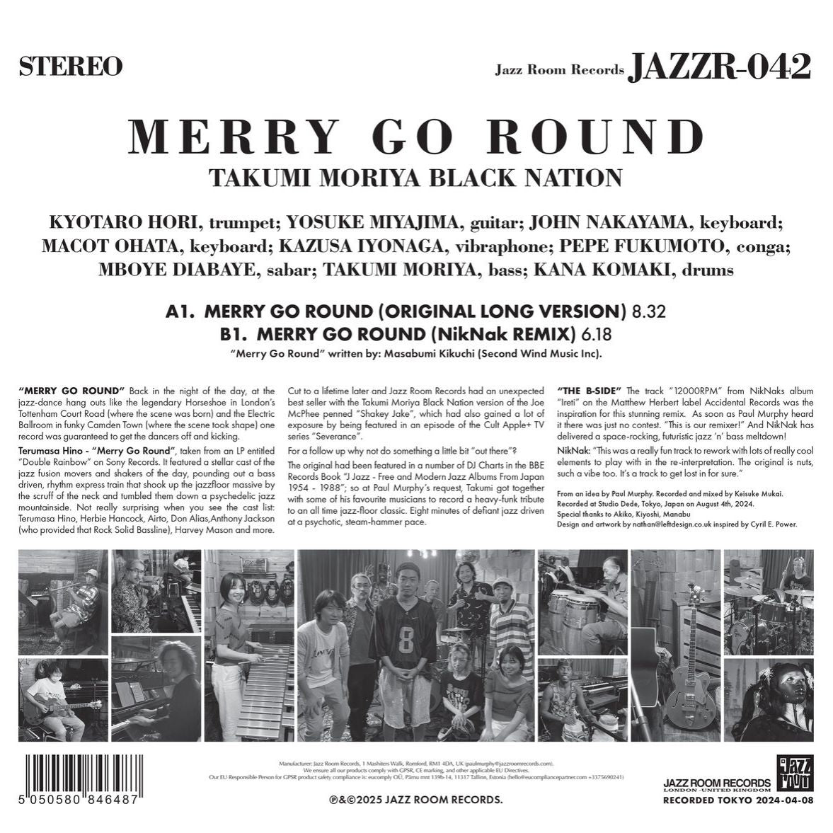 Contraportada del vinilo Takumi Moriya Black Nation – Merry Go Round con créditos completos, descripción del proyecto y foto del grupo, lanzado por Jazz Room Records.