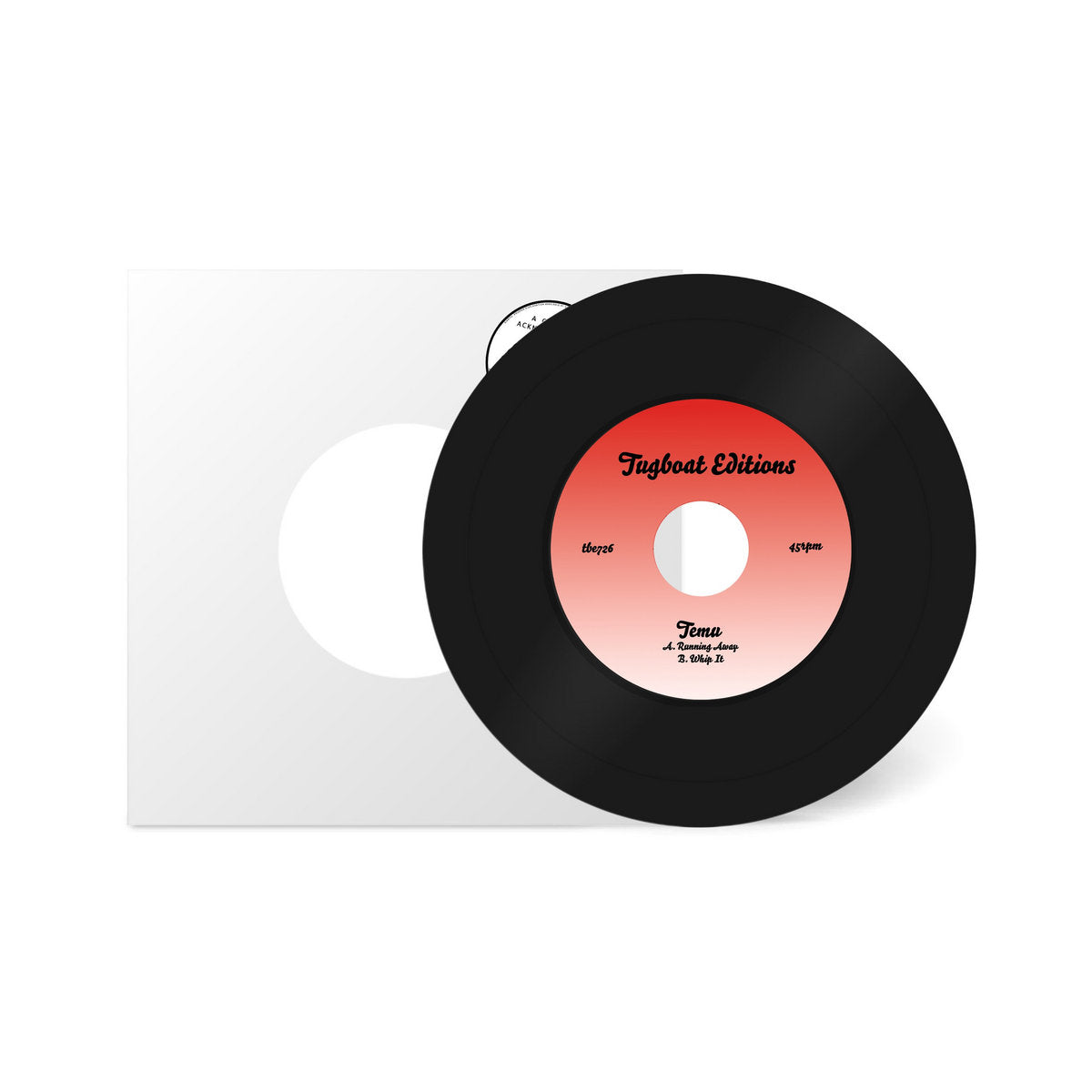 Vinilo Temu – Running Away / Whip It de 7 pulgadas frente a funda blanca, con etiqueta roja de Tugboat Editions.