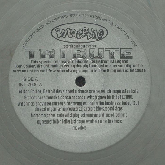 Portada delantera del vinilo Terrence Parker – Tribute, lanzado por Intangible Records & Soundworks. Incluye dedicatoria a Ken Collier y formato 12" plateado.