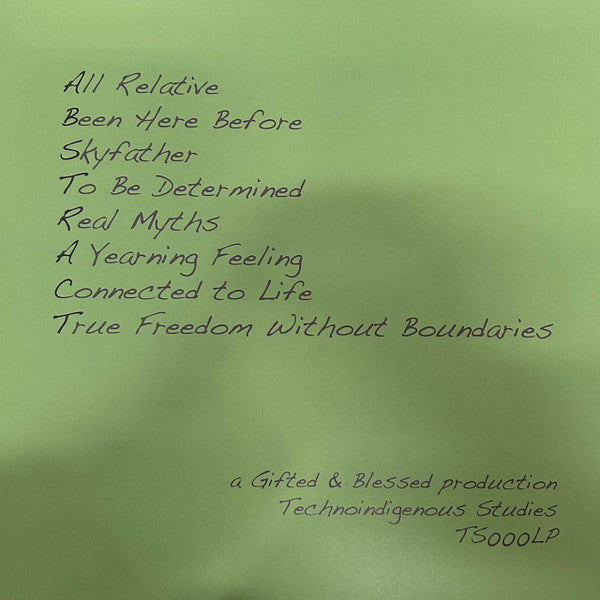 Contraportada del vinilo The Abstract Eye – You Can't Unsee Me, publicado por Technoindigenous Studies en formato 2xLP. Incluye la lista de canciones y créditos de producción en fondo verde.