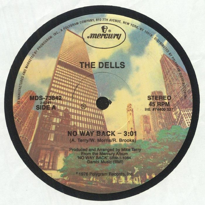 Etiqueta del lado A del vinilo No Way Back de The Dells, incluye la versión original de 3:01, lanzada por el sello Mercury.