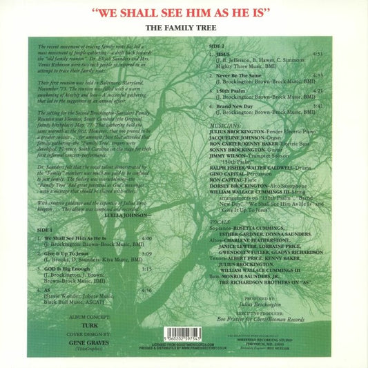 Contraportada del vinilo The Family Tree – We Shall See Him As He Is en LP, créditos, músicos y lista de canciones.