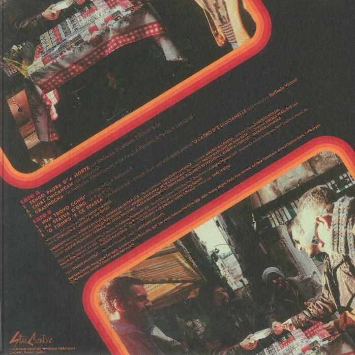 Contraportada del vinilo The Funkin' Machine – Napoletanite LP en Star Creature, collage inclinado con fotos callejeras, listado de temas y créditos impresos sobre fondo oscuro.