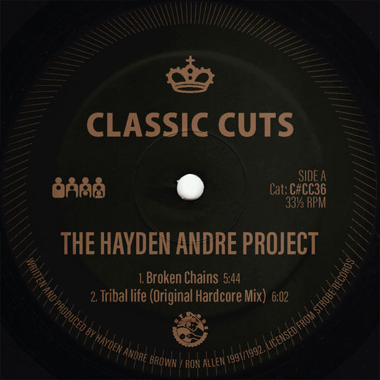 Etiqueta central del vinilo 12" EP The Hayden Andre Project / Kingdom Come – Tribal Life / Groovy Baby EP, lado A, con diseño de Clone Classic Cuts, muestra pistas “Broken Chains” (5:44) y “Tribal Life (Original Hardcore Mix)” (6:02), créditos a Hayden Andre Brown y Ron Allen, y número de catálogo C#CC36.