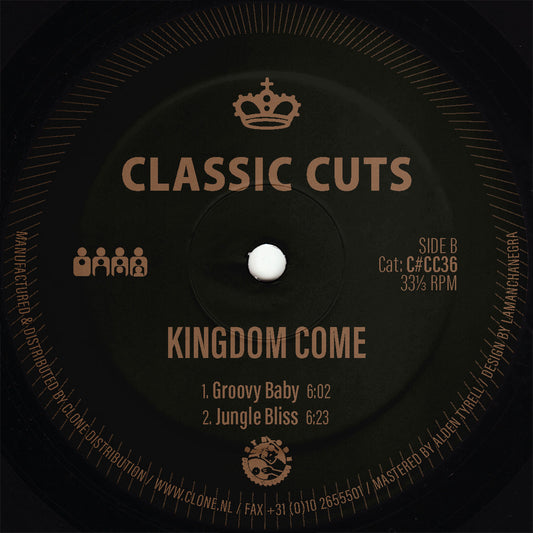 Etiqueta central del lado B del vinilo The Hayden Andre Project / Kingdom Come – Tribal Life / Groovy Baby EP, editado por Clone Classic Cuts, con las pistas “Groovy Baby” (6:02) y “Jungle Bliss” (6:23), créditos visibles a Alden Tyrell en masterización y diseño por Lamanchanegra.
