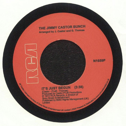 Etiqueta roja del vinilo The Jimmy Castor Bunch – It's Just Begun / Troglodyte (Cave Man) en formato 7", 45 RPM de RCA, mostrando el lado A con la pista “It’s Just Begun”, créditos visibles y catálogo N1659P.