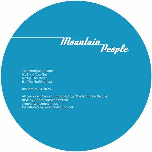 Etiqueta azul del vinilo The Mountain People – Mountain024 (12") con logo, créditos, pistas y contacto visible.