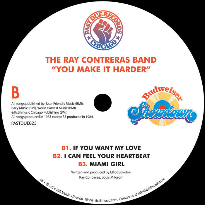 Lado B del vinilo The Ray Contreras Band – You Make It Harder con tres tracks listados, créditos visibles, logos coloridos y referencia al año de producción 1983–1984.