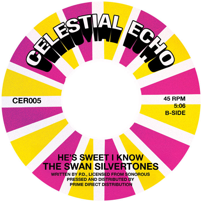 Etiqueta del lado B del vinilo 7" con el track “He’s Sweet I Know” de The Swan Silvertones. Texto impreso: duración 5:06, B-side.