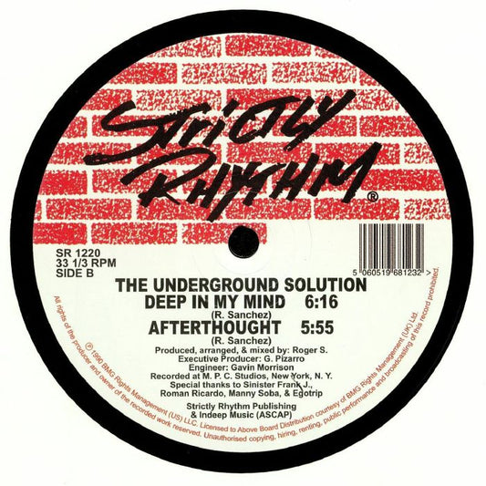 Etiqueta central lado B del vinilo The Underground Solution – Luv Dancin', reedición 12" Strictly Rhythm, mostrando títulos, tiempos, créditos y catálogo sobre diseño de ladrillos rojos.