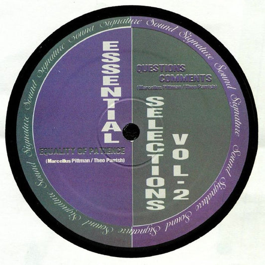 Lado B del vinilo 12" Theo Parrish / Marcellus Pittman – Essential Selections Vol. 2 en Sound Signature, etiqueta partida en verde y violeta con Questions Comments, Equality Of Patience y diseño tipográfico central.