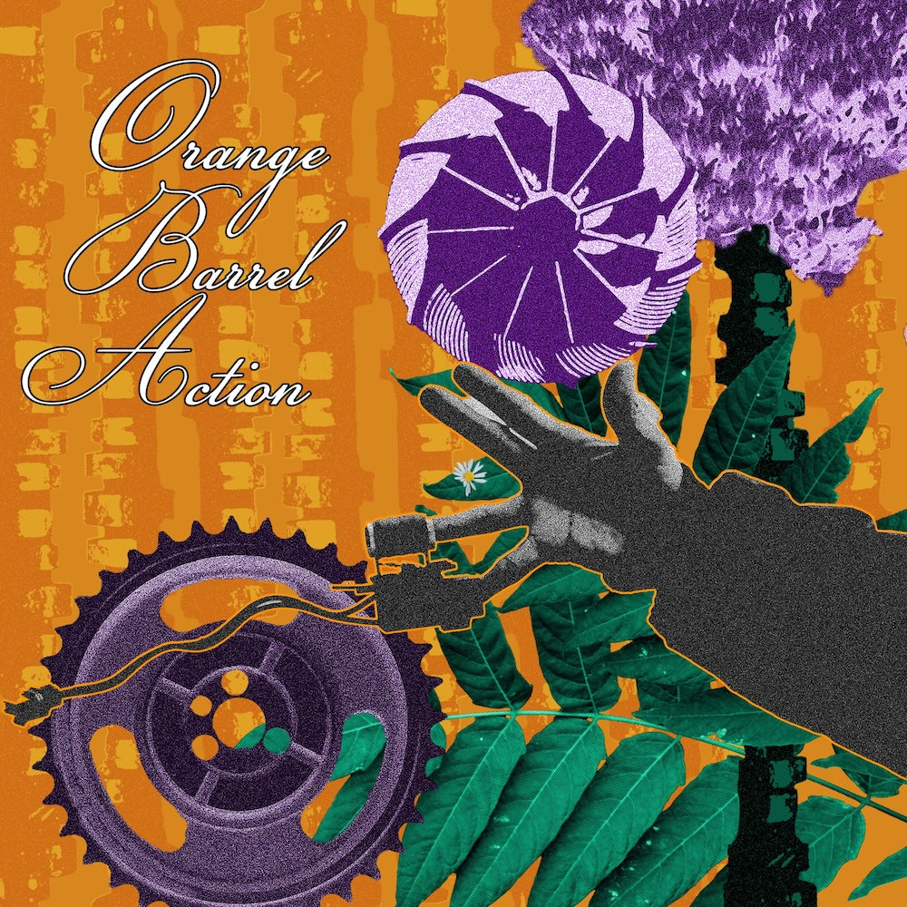 Portada delantera del vinilo Theo Parrish – Orange Barrel Action, editado por Sound Signature. Diseño colorido con engranajes, flores y una mano.