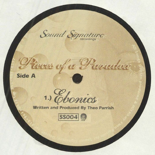 Portada delantera del vinilo Theo Parrish – Pieces Of A Paradox, lanzado bajo el sello Sound Signature en formato 12". Diseño minimalista con tipografía clásica.