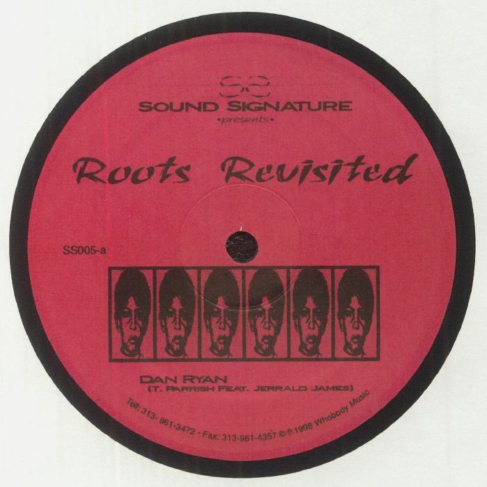 Portada delantera del vinilo Theo Parrish - Roots Revisited, publicado por Sound Signature en formato 12". Diseño rojo con tipografía negra y arte gráfico. Texto impreso: "Roots Revisited", SS005-a, "Dan Ryan (T. Parrish Feat. Jerrald James)".