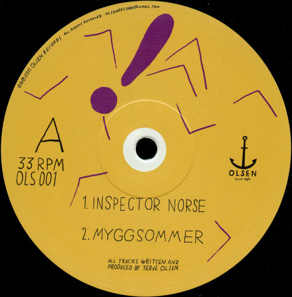 Etiqueta del lado A del vinilo Todd Terje – It's The Arps EP editado por Olsen. Incluye títulos “Inspector Norse” y “Myggsommer”.