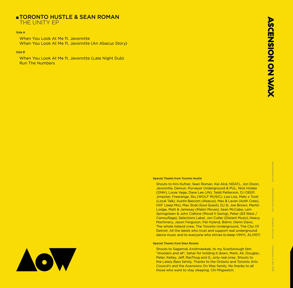 Contraportada del vinilo Toronto Hustle & Sean Roman – The Unity EP (12", 180g), con créditos, agradecimientos y lista de temas en fondo amarillo vibrante.