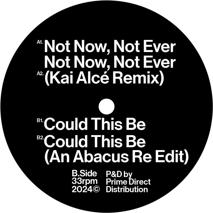 Etiqueta del lado B del vinilo con el tracklist completo. Texto impreso: "Not Now, Not Ever", "Kai Alcé Remix", "Could This Be", "Abacus Re Edit", "B.Side", "33rpm", "2024".