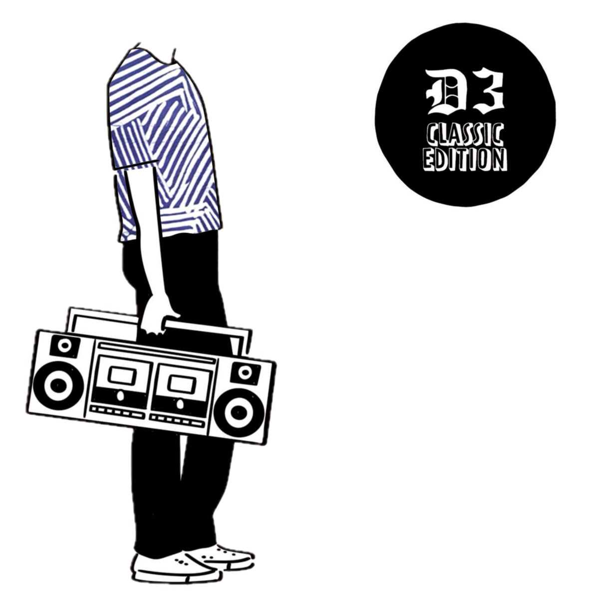 Portada de vinilo Toyin Agbetu – The Dark Knight Rises 12" en D3 Elements, ilustración minimalista con figura y radiocasete, logo D3 Classic Edition visible.