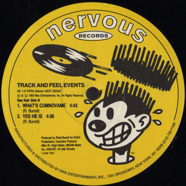 Contraportada del sencillo/álbum en vinilo, con el sello Nervous Records. (Track And Feel Events – Track And Feel Events, Nervous Records, 12"). Muestra las canciones "What's Cummovame" y "Yes He Is".