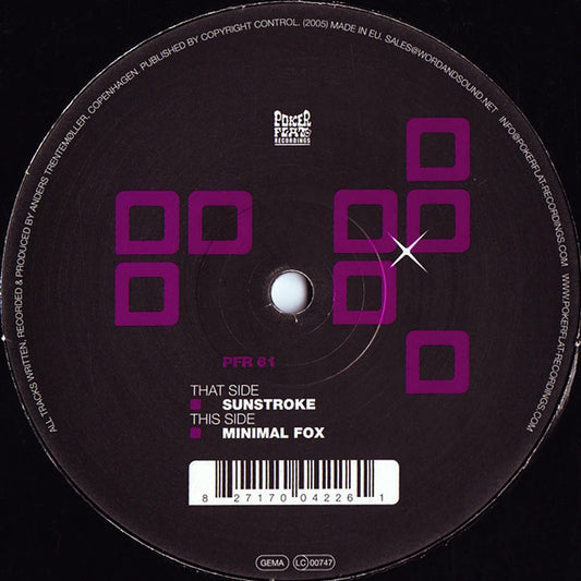 Lado B del vinilo Trentemøller – Sunstroke 12" EP con tracklist visible, código PFR 61 y arte geométrico púrpura.