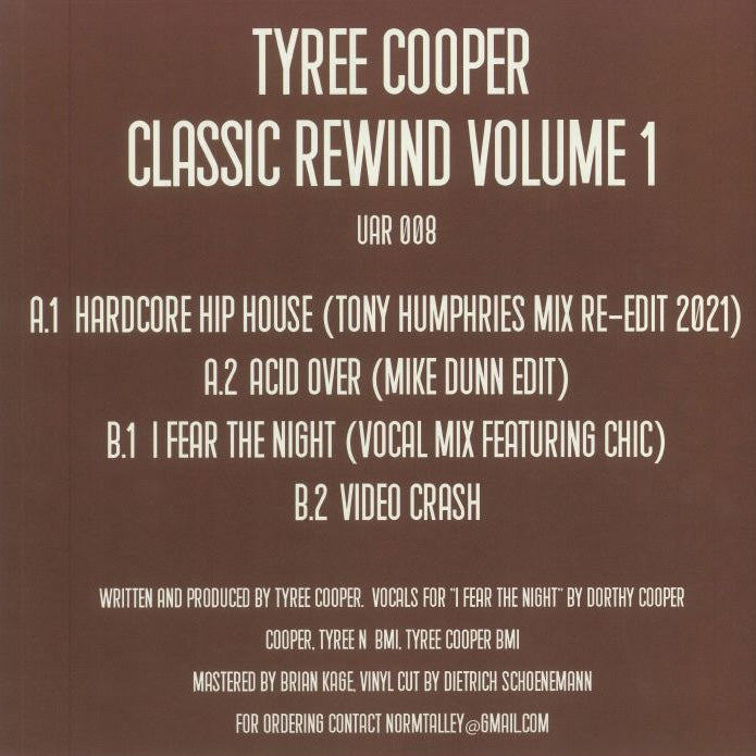 Contraportada del vinilo Tyree Cooper – Classic Rewind Volume 1 con listado de pistas, créditos y detalles de producción.