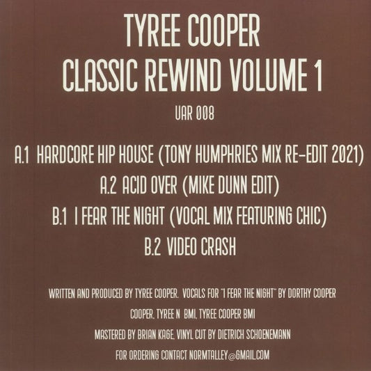 Contraportada del vinilo Tyree Cooper – Classic Rewind Volume 1 con listado de pistas, créditos y detalles de producción.