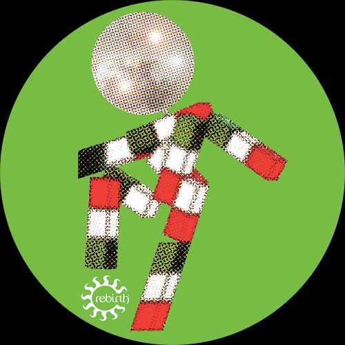 Etiqueta central lado B del vinilo Varios Artistas – Ciao Italia (Generazioni Underground) (Bonus Due) de Rebirth 12", con figura geométrica tipo pixel art sobre fondo verde vibrante y logo del sello.