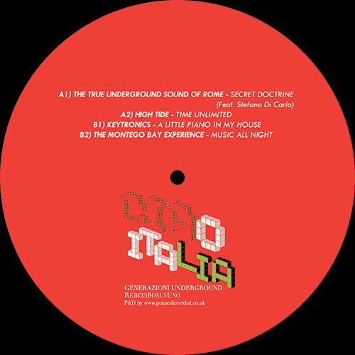 Etiqueta central lado A del vinilo Varios Artistas – Ciao Italia (Generazioni Underground) (Bonus Uno) de Rebirth, con fondo rojo, lista de pistas y créditos impresos en blanco.