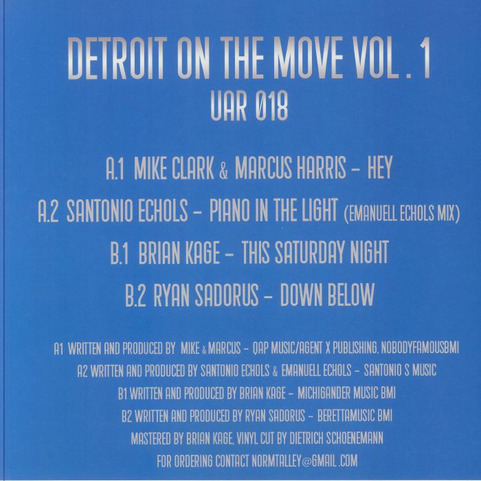 Contraportada del vinilo V.A. – Detroit On The Move Vol. 1 de Upstairs Asylum Recordings en 12". Incluye lista de canciones, créditos de producción y detalles de masterización.