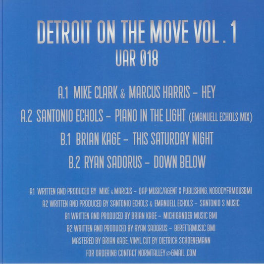 Contraportada del vinilo V.A. – Detroit On The Move Vol. 1 de Upstairs Asylum Recordings en 12". Incluye lista de canciones, créditos de producción y detalles de masterización.