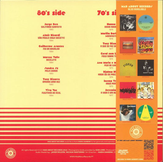 Portada trasera del vinilo Various – Disco É Cultura Vol. 2 con lista de canciones de los lados 70's y 80's. Publicado por Mad About Records.