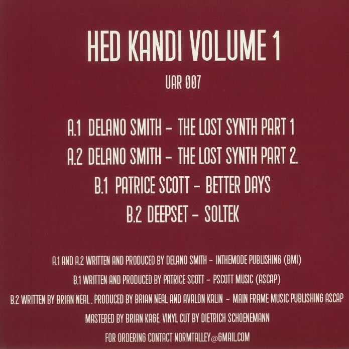 Contraportada del vinilo Varios Artistas – Hed Kandi Volume 1, 12” EP con tracklist completo y créditos del sello Upstairs Asylum Recordings.