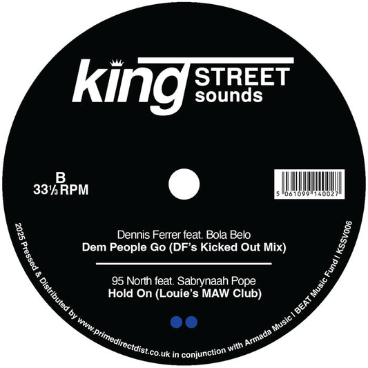 Lado B del vinilo Varios Artistas – King Street Sounds Sampler Vol. 4 de King Street Sounds, con temas de Dennis Ferrer y 95 North, texto blanco sobre fondo negro y código de catálogo visible, estilo club house neoyorquino.