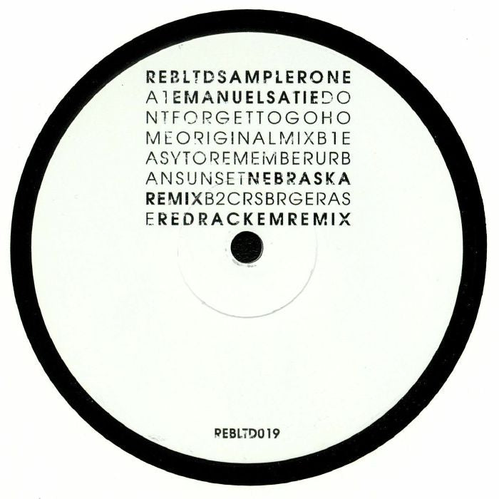Etiqueta central del vinilo Varios Artistas – Reb Ltd Sampler One de Rebirth, edición limitada 12" EP estampado. Muestra las pistas, créditos y número de catálogo REBLTD019 con diseño minimalista en blanco y negro.