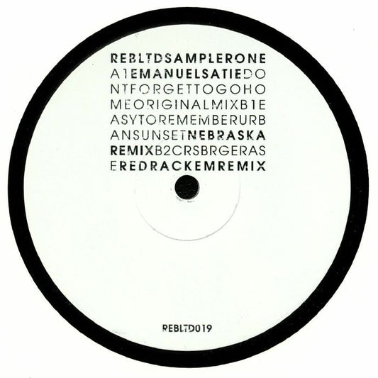 Etiqueta central del vinilo Varios Artistas – Reb Ltd Sampler One de Rebirth, edición limitada 12" EP estampado. Muestra las pistas, créditos y número de catálogo REBLTD019 con diseño minimalista en blanco y negro.