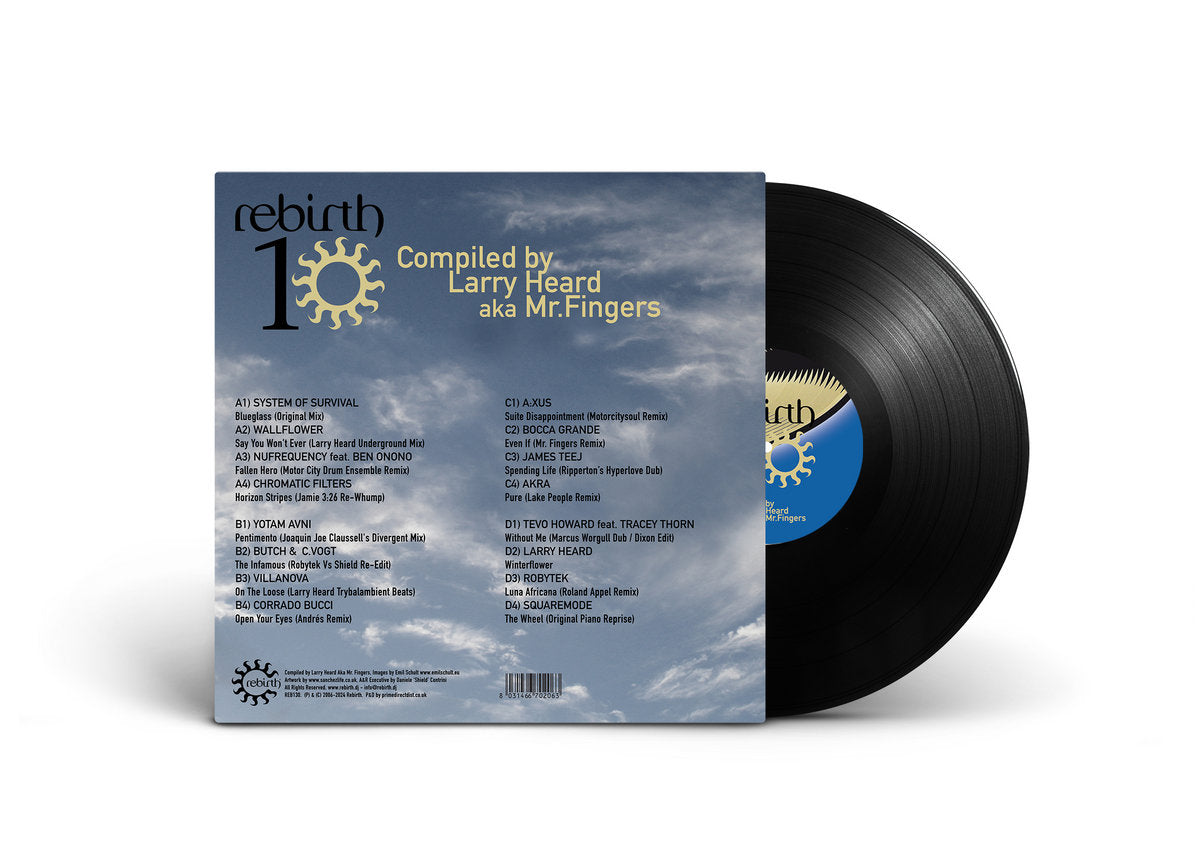 Etiqueta del segundo vinilo de Varios Artistas – Rebirth 10 Selected by Larry Heard aka Mr. Fingers, lado C/D con diseño azul intenso y créditos de Larry Heard, sello Rebirth.