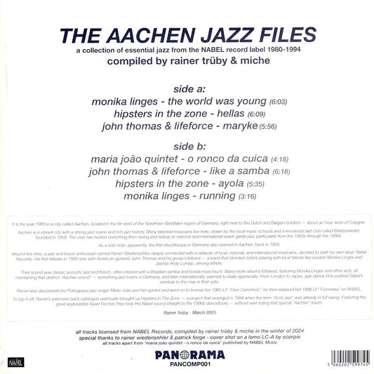 Contraportada del vinilo Varios Artistas – The Aachen Jazz Files con lista de pistas, créditos y texto histórico.