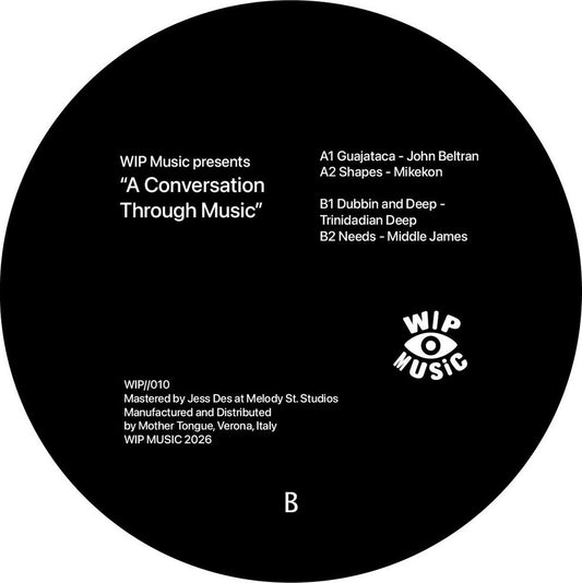 Lado B del vinilo 12" Varios Artistas – A Conversation Through Music con tracklist, créditos y logo WIP Music visible.
