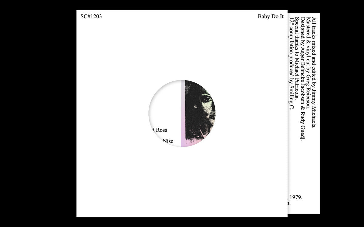 Insert con diseño parcial del arte de portada. Vinilo Varios Artistas – Baby Do It publicado por el sello Smiling C en formato 12", edición limitada.