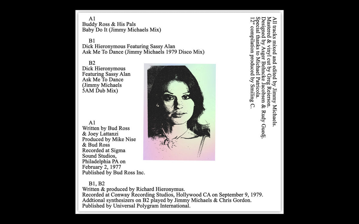 Insert del vinilo con listado de canciones, autores y fechas de grabación. Vinilo Varios Artistas – Baby Do It, Smiling C, formato 12", edición limitada.