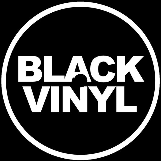 Lado B del vinilo Varios Artistas – Black Vinyl 30 Years, detalle ampliado de la etiqueta Black Vinyl Records sobre fondo negro.