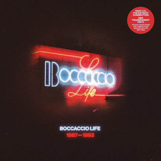 Portada del vinilo Varios Artistas – Boccaccio Life 1987-1993 (Part 1/4) con arte neón rojo y azul del legendario club belga.