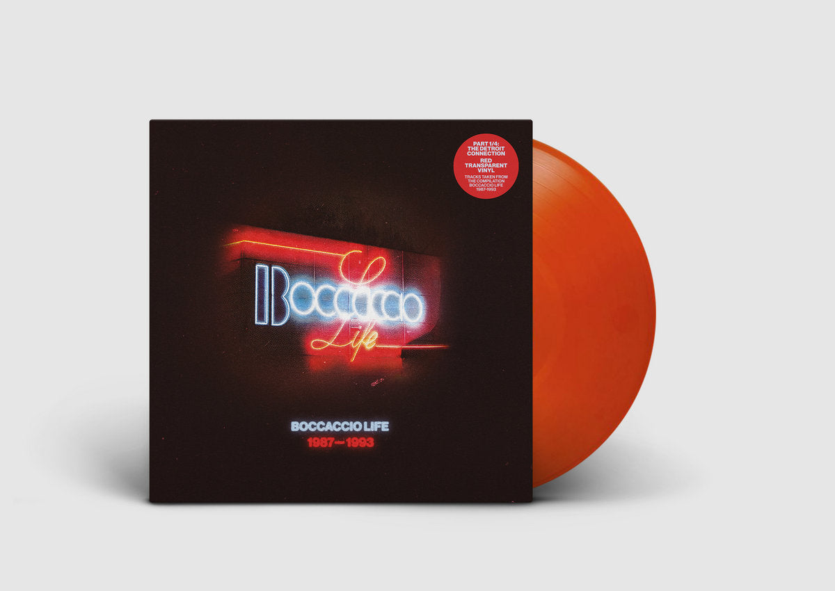 Vinilo rojo transparente de 12 pulgadas del compilado Varios Artistas – Boccaccio Life 1987-1993 (Part 1/4), editado por Music Man Records.