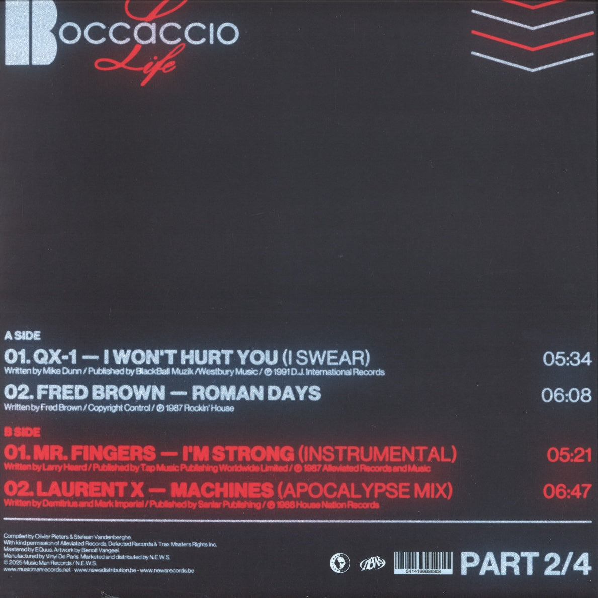 Contraportada del vinilo Varios Artistas – Boccaccio Life 1987-1993 Part 2/4 con lista de temas, duración de cada pista y créditos detallados del lanzamiento editado por Music Man Records.