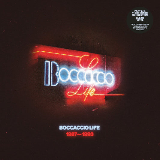 Portada del vinilo Varios Artistas – Boccaccio Life 1987-1993 Part 2/4 con arte en neón y logo clásico de la discoteca belga, edición transparente de Music Man Records.