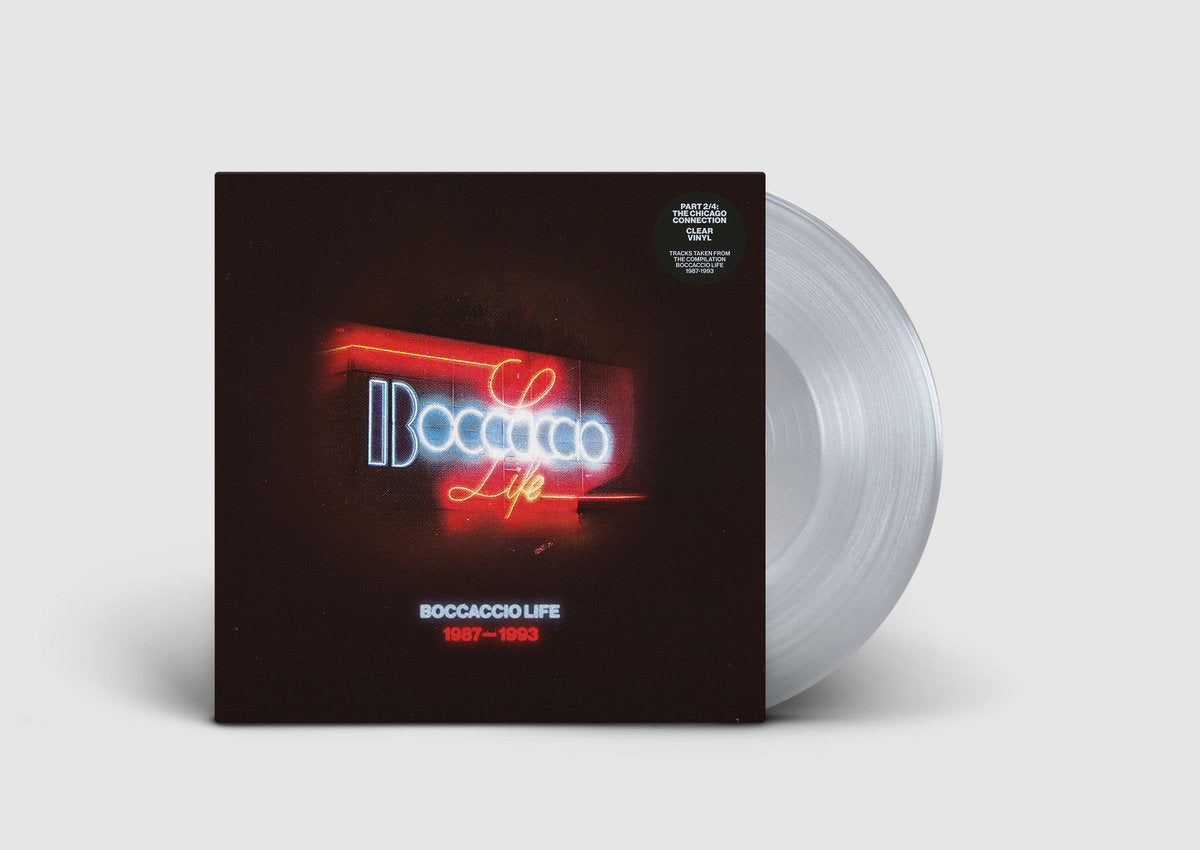 Vinilo transparente de 12" del disco Varios Artistas – Boccaccio Life 1987-1993 Part 2/4 parcialmente salido de su funda, edición compilación del sello Music Man Records.