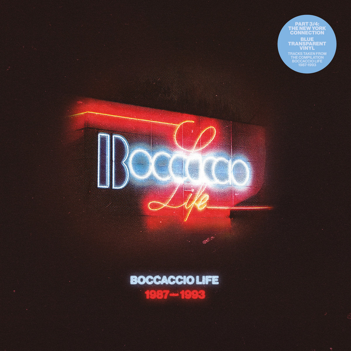 Portada del vinilo Varios Artistas – Boccaccio Life 1987-1993 (Part 3/4) con logo neón brillante y estética retro ochentera.