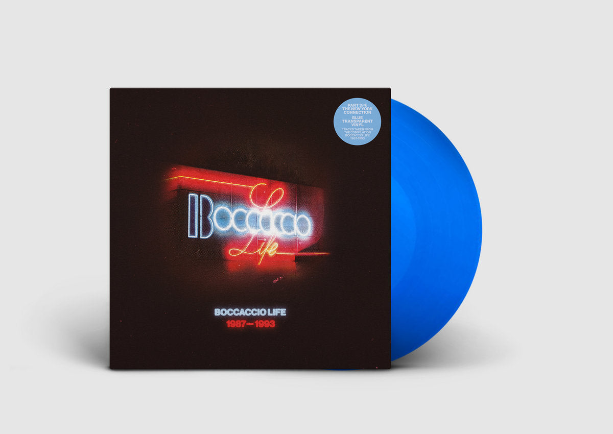 Vinilo azul transparente 12" del disco Varios Artistas – Boccaccio Life 1987-1993 (Part 3/4) de Music Man Records parcialmente fuera de su funda.