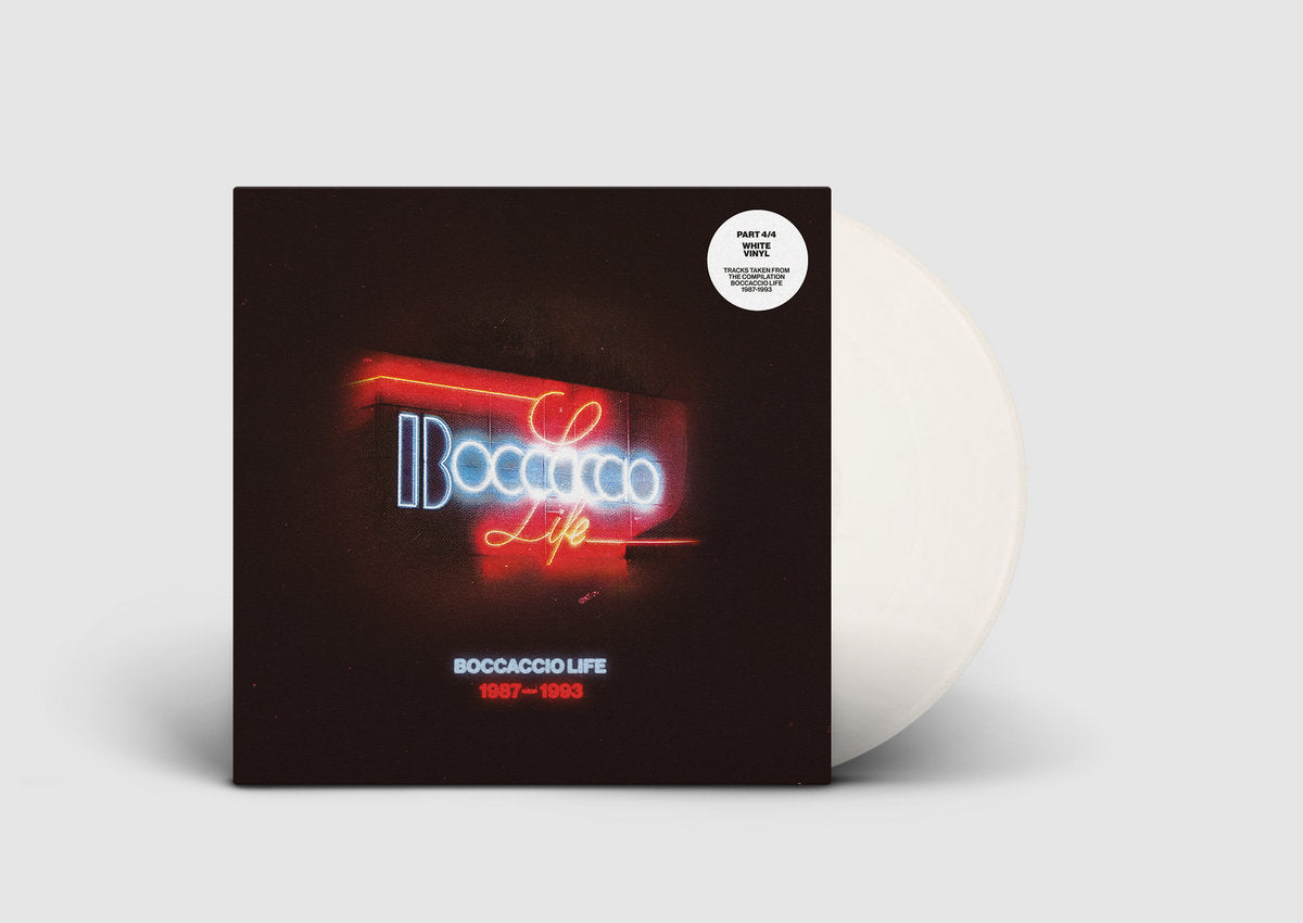 Vinilo blanco de 12" del compilado Varios Artistas – Boccaccio Life 1987-1993 (Part 4/4), edición Music Man Records en funda frontal.