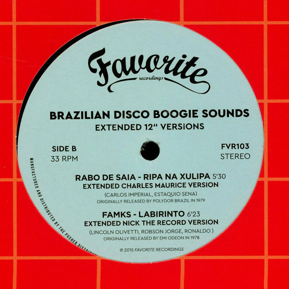 Lado B del vinilo Varios Artistas – Brazilian Disco Boogie Sounds (Extended 12" Versions), etiqueta gris con dos temas, duraciones 5:30 y 6:23, 33 RPM, reedición 12".